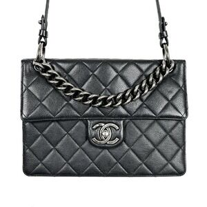Chanel Black Caviar‎ Leather Flap Bag Silver Chain Shoulder